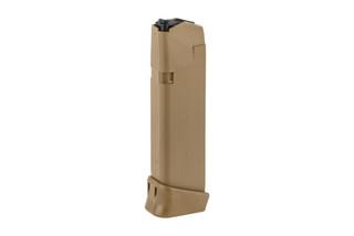 Glock G19x magazine features ambidextrous cuts to work with left or right handed magazine releases and a Coyote finish